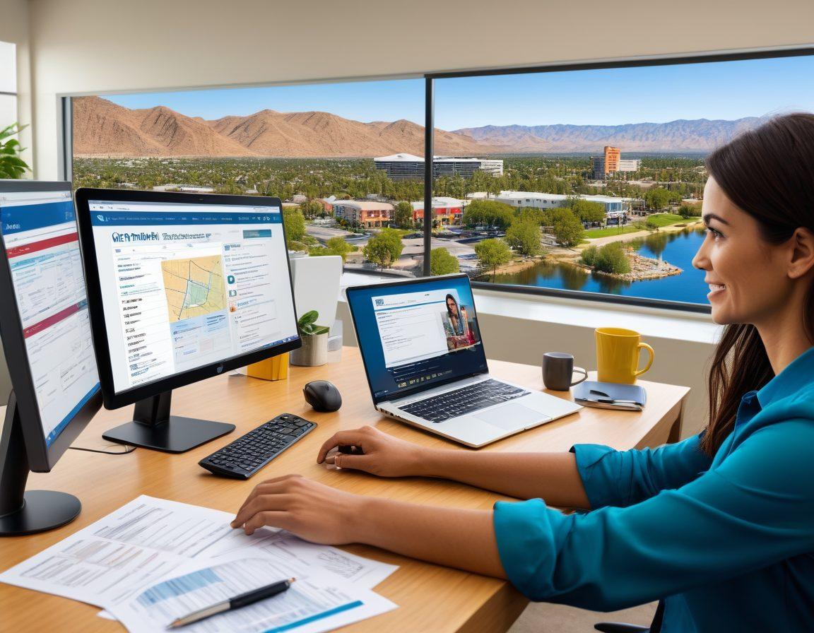A harmonious blend of scenes: a person sitting at a desk using a computer with a tax payment website on the screen, another person talking to a friendly tax collector at a modern office desk, and Riverside County landmarks in the background. Vibrant colors and details illustrating both online and in-person interactions. super-realistic. vibrant colors.