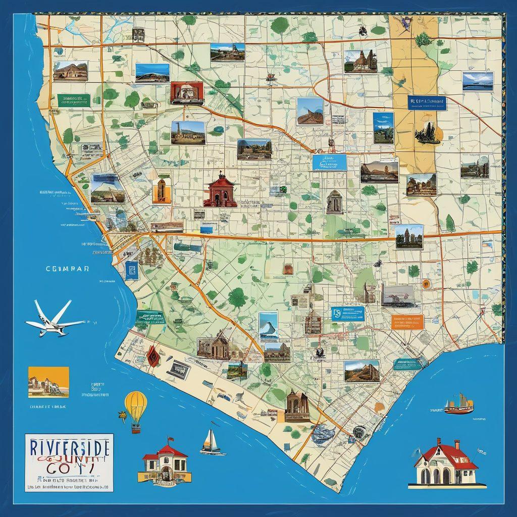 An intricate map of Riverside County with key landmarks highlighted, overlaid with tax documents, dollar bills, and payment symbols like credit cards and checks. Include a friendly guide figure pointing at these elements to represent ease of navigation. vibrant colors. vector art.