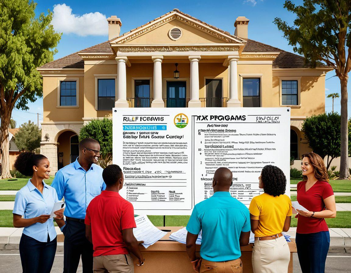 A friendly neighborhood scene in Riverside County with diverse people consulting a financial advisor, surrounded by icons representing tax forms, relief programs, and dollar signs. An informative city hall building in the background with a banner reading 'Relief Programs Available'. colorful vector art. welcoming and informative style.